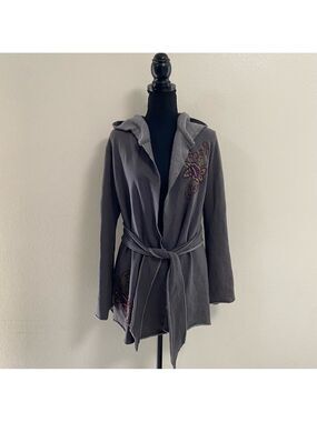 Caite cardigan Women’s Size medium Gray Embroidered Hooded Cardigan waist tie